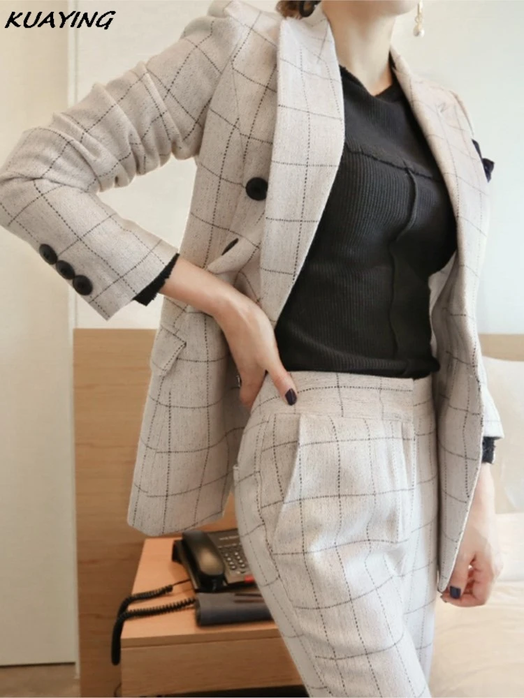 Fashion Women Elegant Plaid Blazer Pantsuit Casual Vintage Chic Suit Jackets Pencil Pants 2 Pieces Set Autumn Female Outfits New