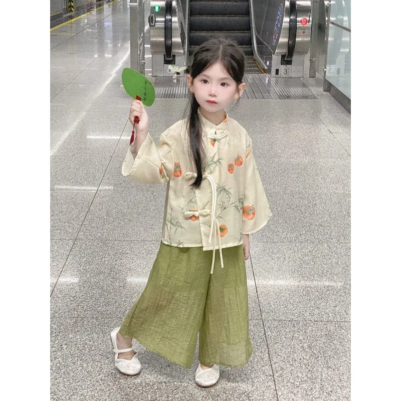 

Chinese Stand Collar Bamboo Leaf Printed Disc Button Long Sleeve Shirt Green Trousers Tang Suit Suit for Girls Baby Cheongsam