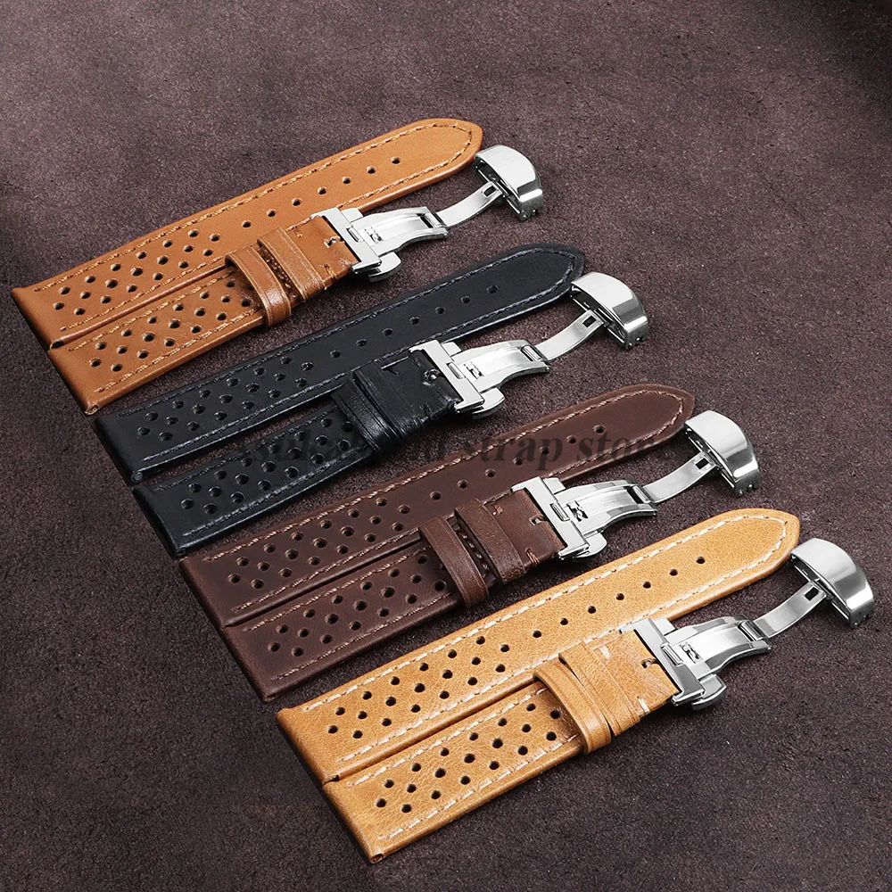 Pulseira vintage pulseira de relógio 18mm 20mm 22mm para samsung watch 7/6/5/4 cinto genuíno pulseira de couro para tag heuer masculino fivela borboleta