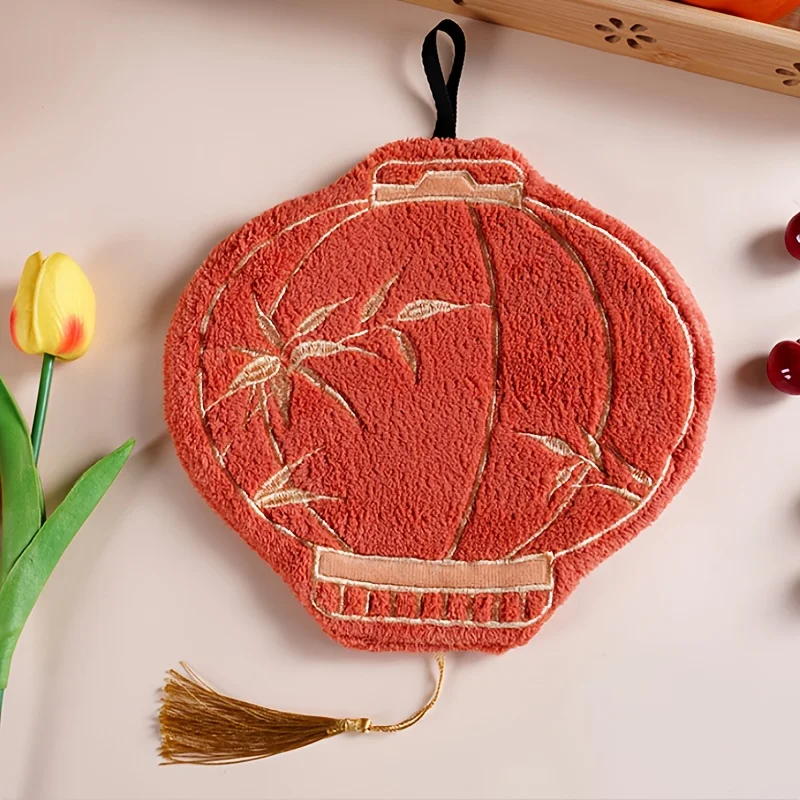 Orange lantern hand towel, soft & skin-friendly. Bamboo leaf pattern, hangable. Festive for New Year, kitchen & bath.