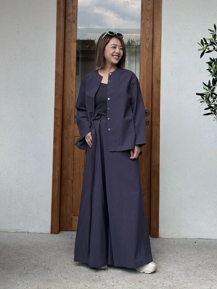 

Vitatha Chinese Style Orient round Neck Sleeve Belted Loose Skirt Pants Set Cotton Commute Style Women's Shirt