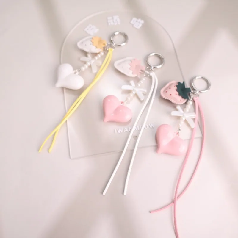 Multi-Use Leather Strawberry Keychain Bag Charm for Women Resin Heart Pendant Phone Strap Purse Accessory Cute Key Ring Gift