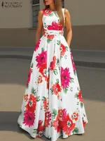 ZANZEA-vestido veraniego bohemio con estampado Floral para mujer, vestido sin mangas de verano 2025, bata de cintura sin mangas a la moda, vestidos largos informales para fiesta