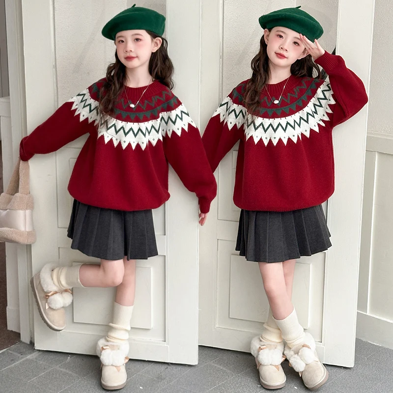 autumn winter teen girls new years red jacquard sweater junior kids Christmas Knitted Top child clothes 4 6 8 10 12 14