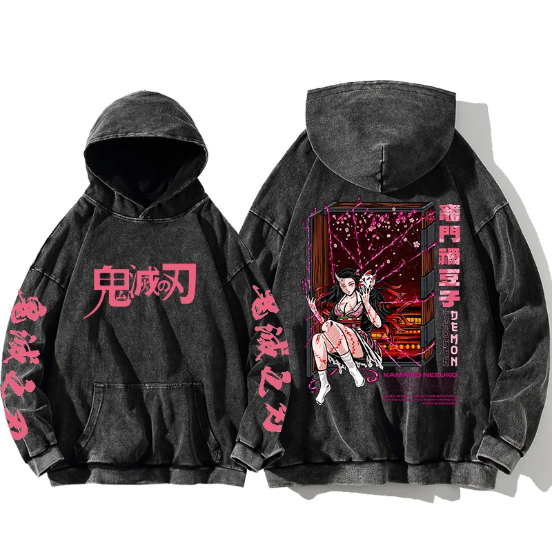 Demon Slayer Tokitou Muichirou Manga Bluzy z nadrukiem dla mężczyzn Kobiety Czysta bawełna Bluzy Vintage Washed Oversized Streetwear