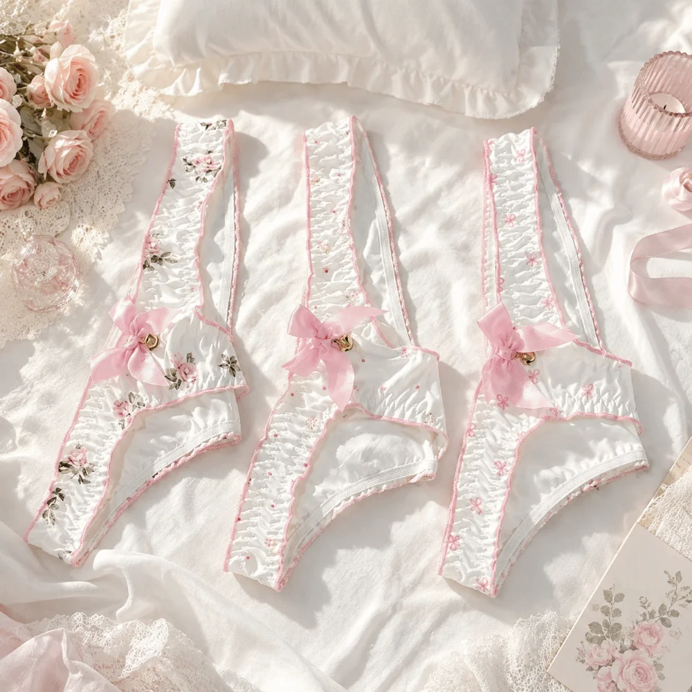 Japanischer Stil, süße Schleife, Damen-Slips, Blumenmuster, niedrige Taille, Mädchen-Slips, Unterwäsche aus Eisseide mit Rüschen, bedruckt, für Damen – Detail 5