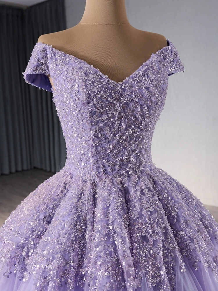 Customized Real Picture Lavender  Prom Dresses Off Shoulder Sequin Puffy Skirt Women Formal Evening Dress Birthday Party 15