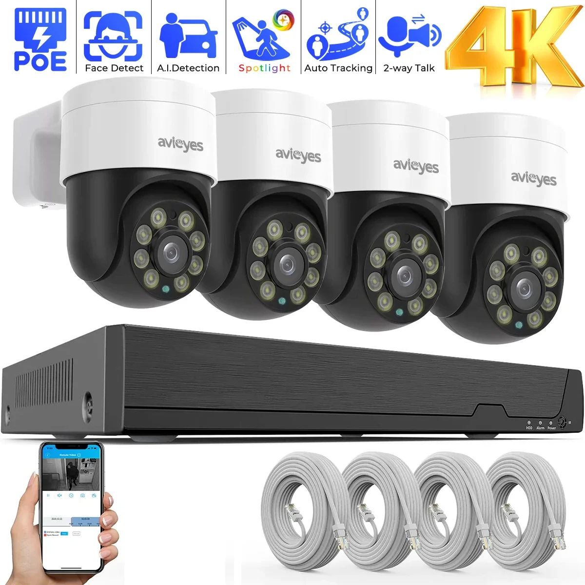 4K PoE IP Camera System Outdoor 8MP Auto Tracking PTZ Home Security Camera Sets Human / Vehicle Detection PoE NVR Kit XMEye APP