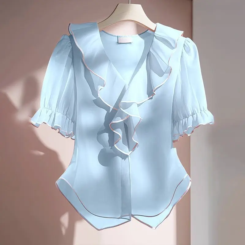 Damesmode Ruches Patchwork Chiffon Blouse Zomer 2025, Nieuw Temperament Geplooid Losse Effen Kleur V-hals Korte Mouwen