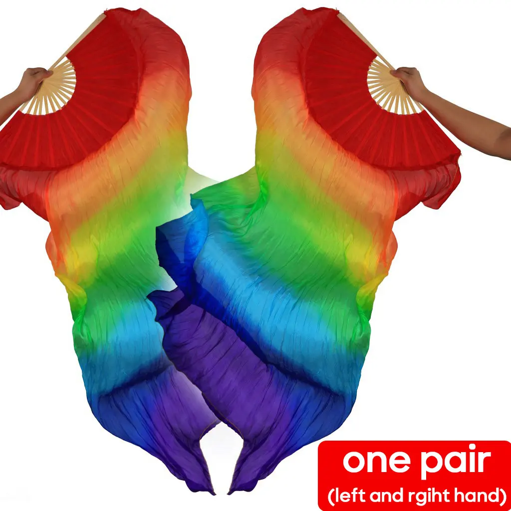 Belly Dance Rainbow Color Silk Fan 1 Pair Gradient Color Dancer Practice Long 120cm 150cm 180cm Real Silk Veil Fans