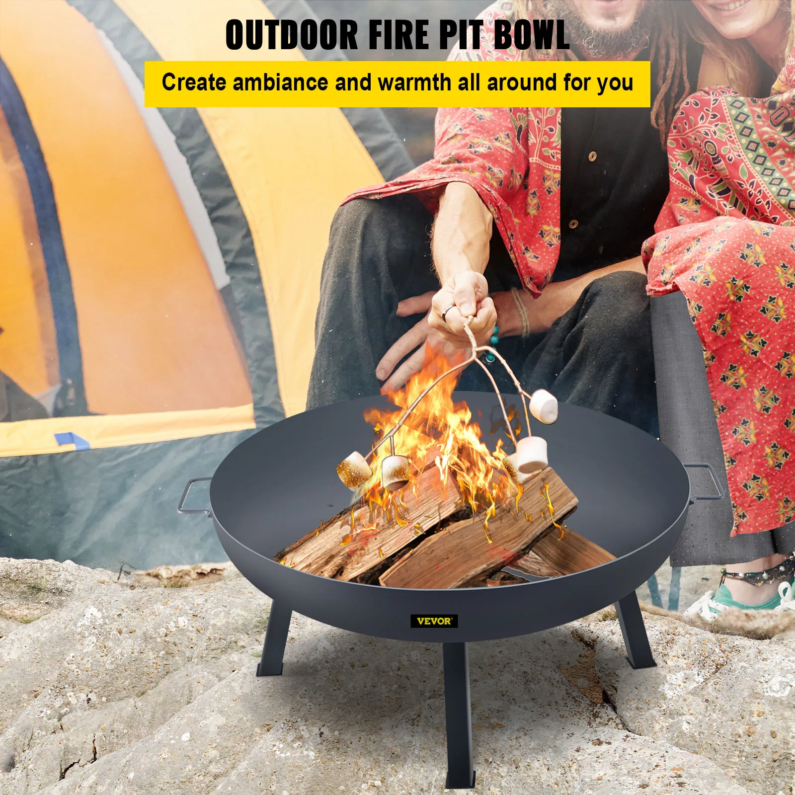 VEVOR Camping Fire Bowl 34Inch Round Carbon Steel Fire Bowl Wood Burning for Outdoor Portable Patios Backyards & Camping Uses