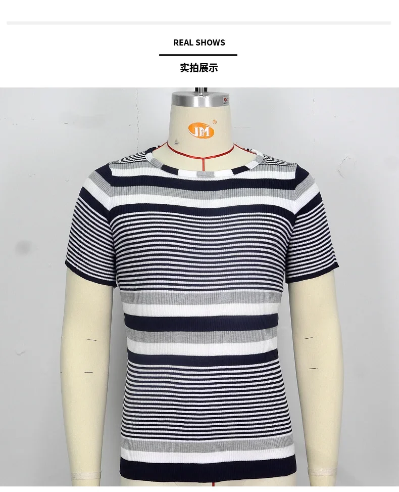 新しいメンズ薄い通気性ストライププルオーバーラウンドネック半袖ウール Tシャツ春/夏のメンズニットセータートップ