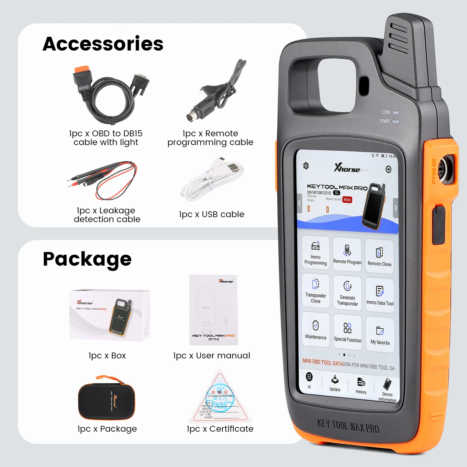 Key Programming auto scanner Xhorse VVDI Key Tool Max PRO Key programming car scanner With OBD Cable