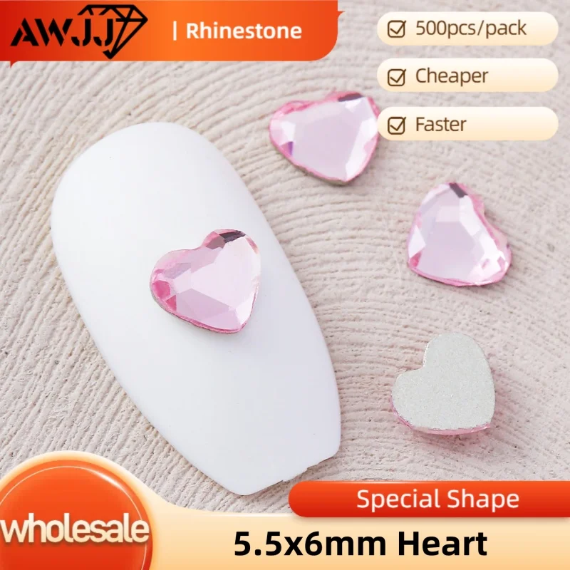 Hot Style 500pcs 5.5x6mm Heart-Shaped Nail Drill Gems Designs Precision Cutting Flat bottom Self-Adhesive Nail Art Rhinestone