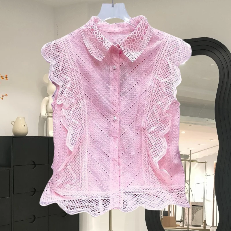 Matakawa Lace Shirts&blouses Women Tops Ruffles Hollow Out Spring Summer Blusas Mujer Korean Fashion Elegant Retro Camisas