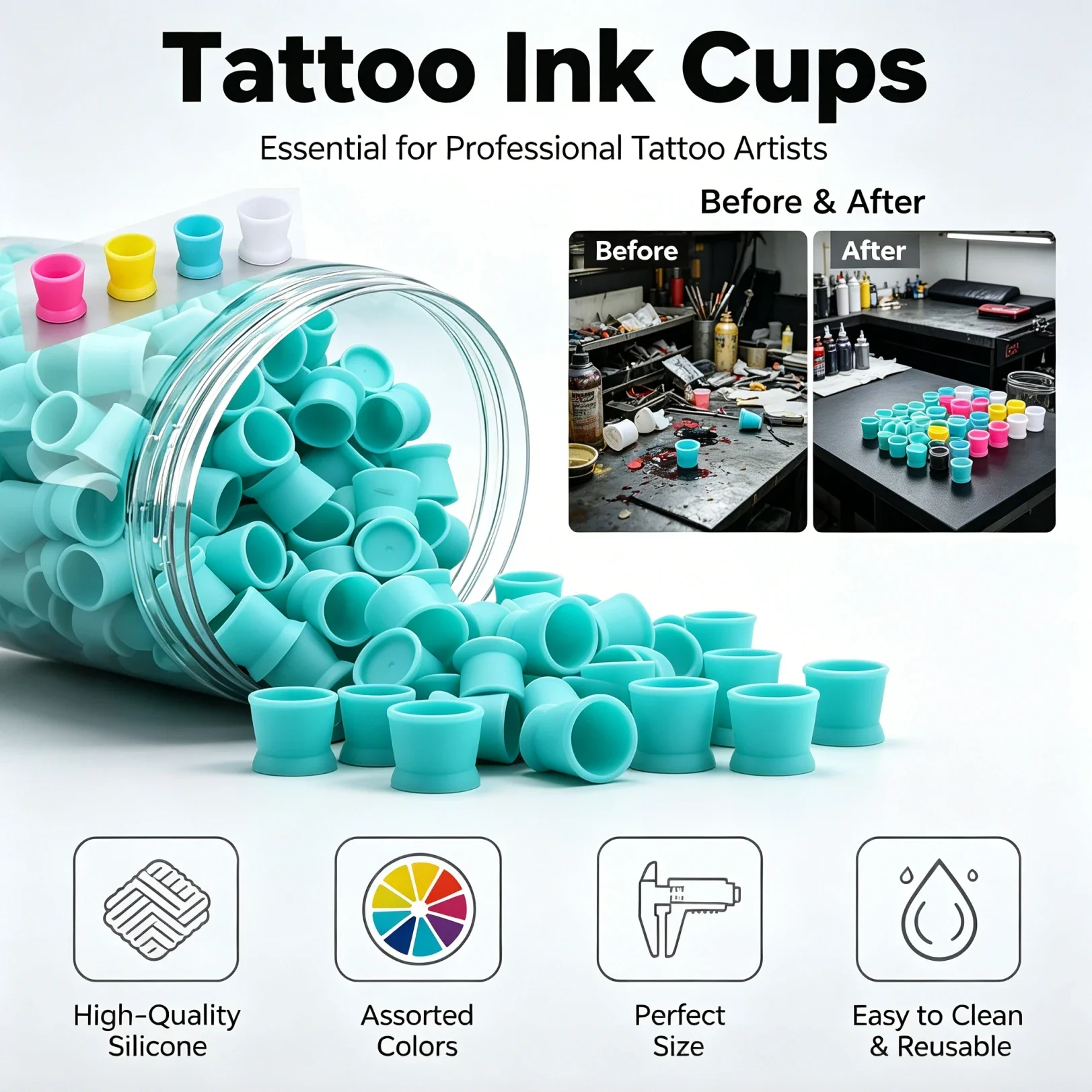 50/100/300pcs Silicone Tattoo Ink Cups Base Disposable Tattoo Ink Caps Pigment Container Permanent Makeup tattoo supplies