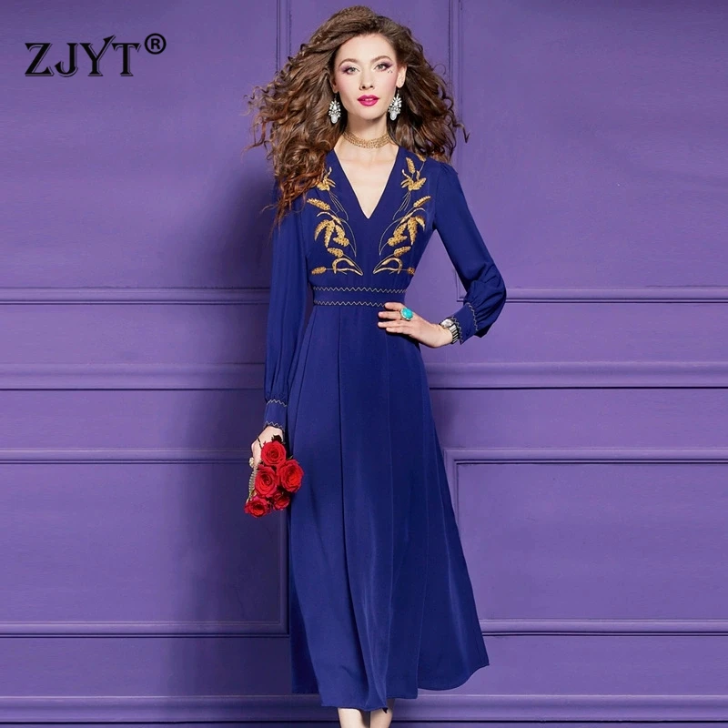 

ZJYT Embroidery Long Maxi Dresses for Women Blue Elegant Full Sleeve V Neck Evening Party Dress Spring 2025 Vestidos Para Mujer