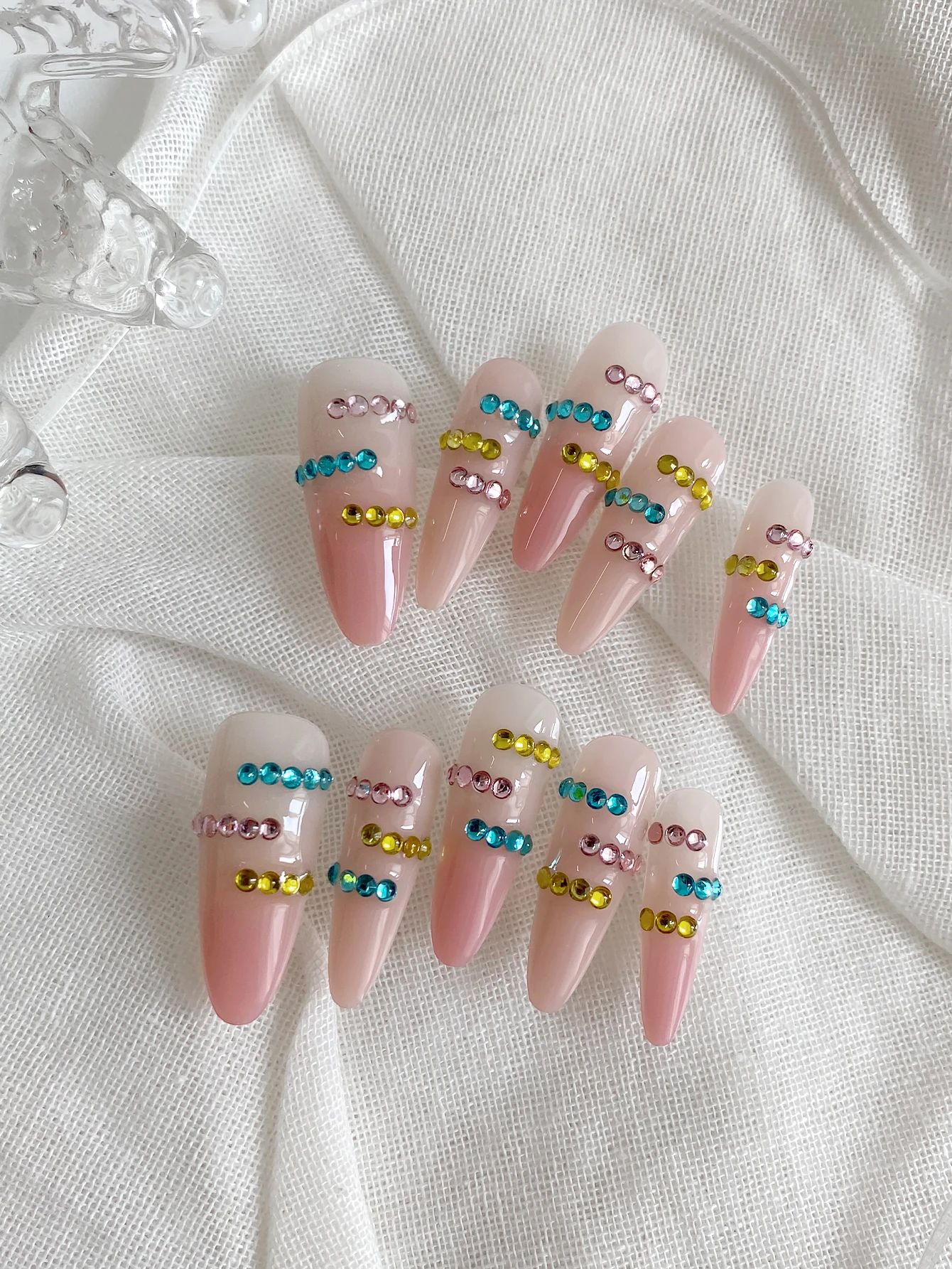 Handmade Press On Nails, Pink Gradient Long Stiletto Fake Nails, Colorful Rainbow Rhinestone Strip Reusable Nail Tips