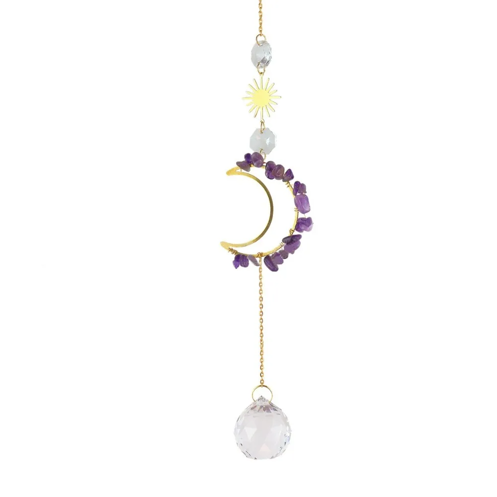 Crystal Wall Hanging Crystal Suncatcher Shape of the Moon Colourful Crystal Wind Chime Raw Stone Moon Prism Pendant Garden