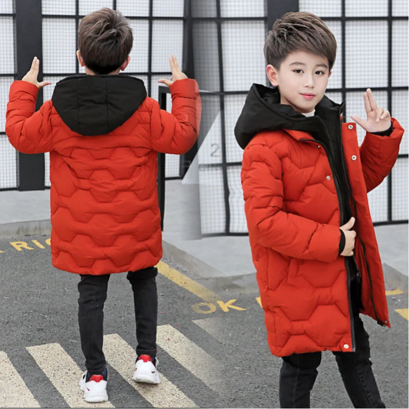 New Boys Jacket Autumn Winter Thicken Warm Teenager Kids Jackets Fashion Long Style Zipper Hooded Boys Coat 4 6 8 10 12 14 Years