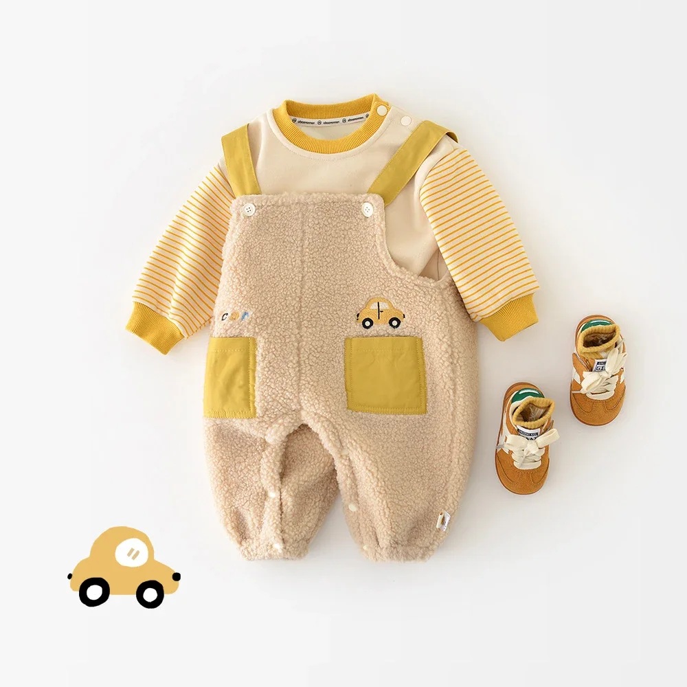 

MILANCEL New Winter Baby Rompers 6M-3T Cartoon Car Infant Girls Thicken Strap Jumpsuit Letter Stripe Toddler Boys Hoodie