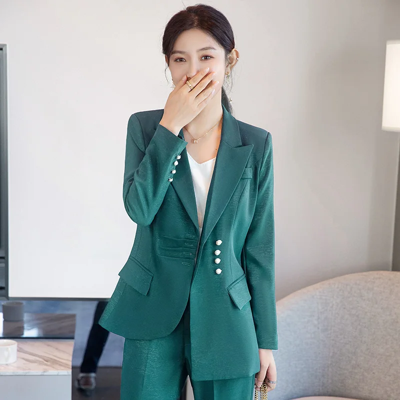 Autumn Winter Long Sleeve Women Formal Pant Suit Female Ladies Green Black Business Work Wear 2 Piece Set Blazer And Trouser