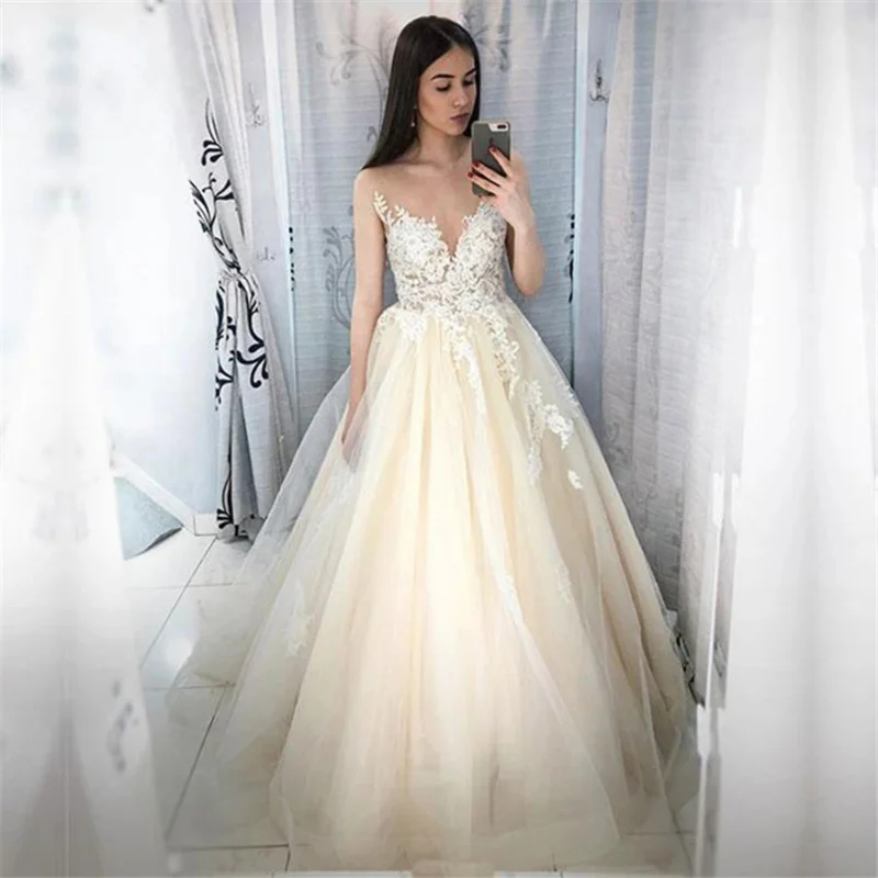 

Sheer Lace Appliques A-Line Wedding Dresses Court Train Long Bridal Gowns 2023 Sleeveless Customized