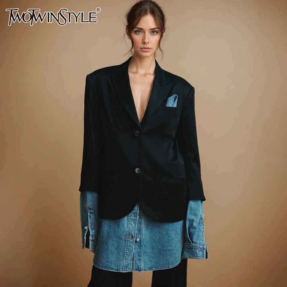 TWOTWINSTYLE Patchwork Denim markowe marynarki damskie karbowany kołnierzyk z długim rękawem łączona kieszeń minimalistyczna elegancka marynarka