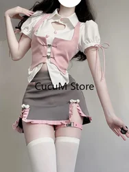 2023 Summer Women Japanese Fashion Gyaru Girl Design Outfits 3 Piece Set Short Sleeve Top Kawaii Vest Mini Skirt 2000s Aesthetic