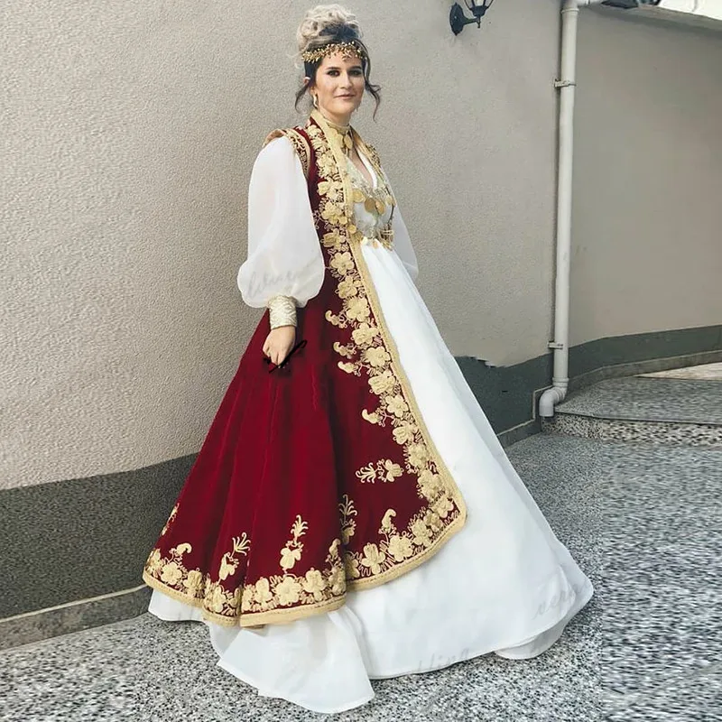 Vestido De noche De terciopelo tradicional De Albania, caftán con chaqueta burgndy, mangas largas, Apliques De encaje, vestido De graduación, bata De Mariee