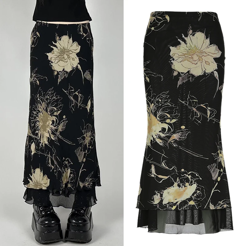 ファッション花柄黒美学二層メッシュスカートロングローウエストヒップスカート夏スリム A ラインスカートストリートゴシック Y2K