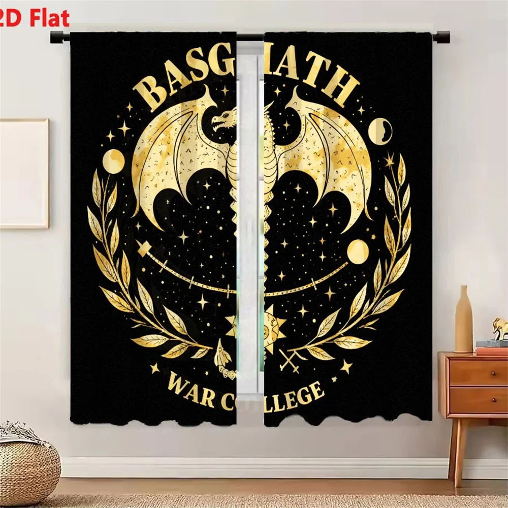 2Pcs Curtains 2D Flat Black Background Golden Ornate Emblem Winged Dragon-Like Creature With Braided Body Stars Celestial Symbol