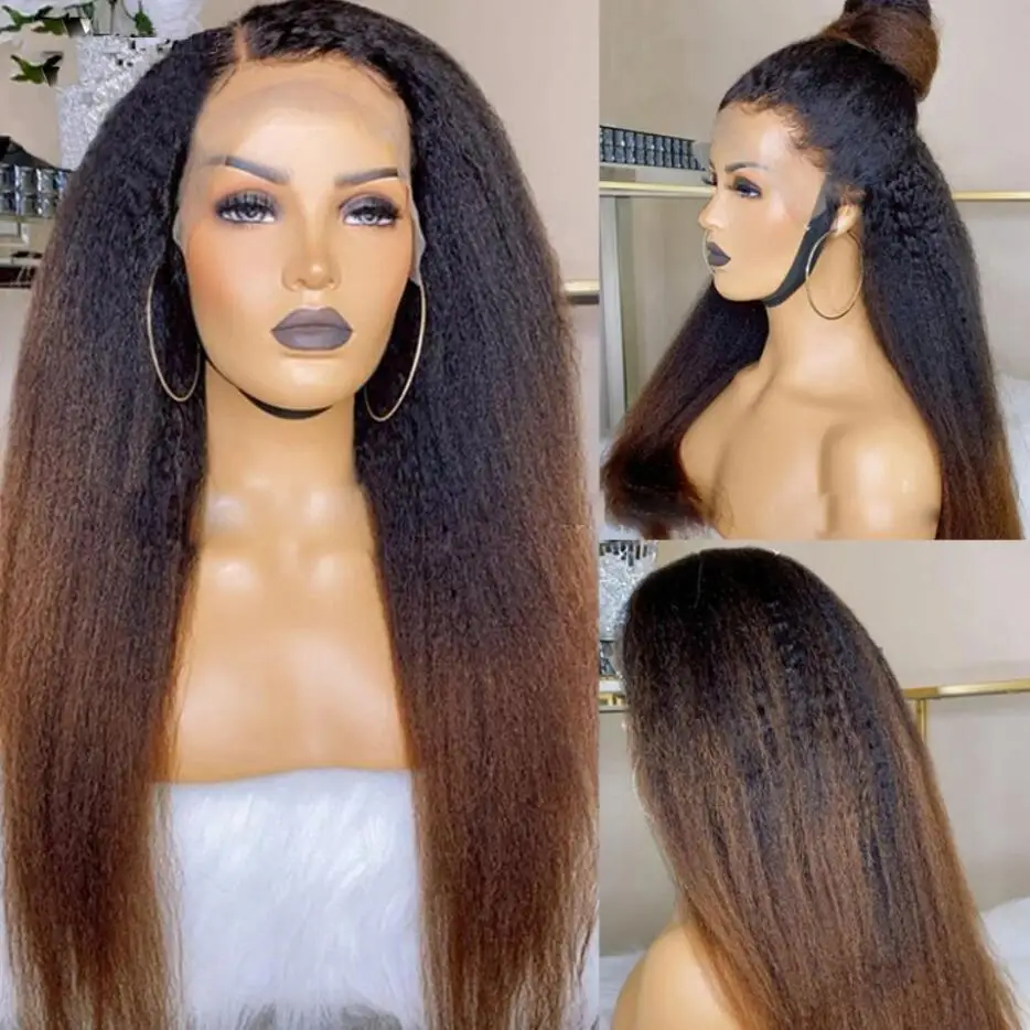 

Natural Yaki Soft 26inch Long Ombre Brown Kinky Straight 180Density Lace Front Wig For Black Women BabyHair Glueless Preplucked