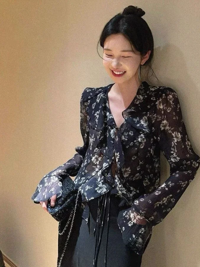 

plus Size 300 Pounds Women's Shirt V-neck Long Sleeve Floral Print Chiffon Patchwork Button-up Summer Casual Loose Fit