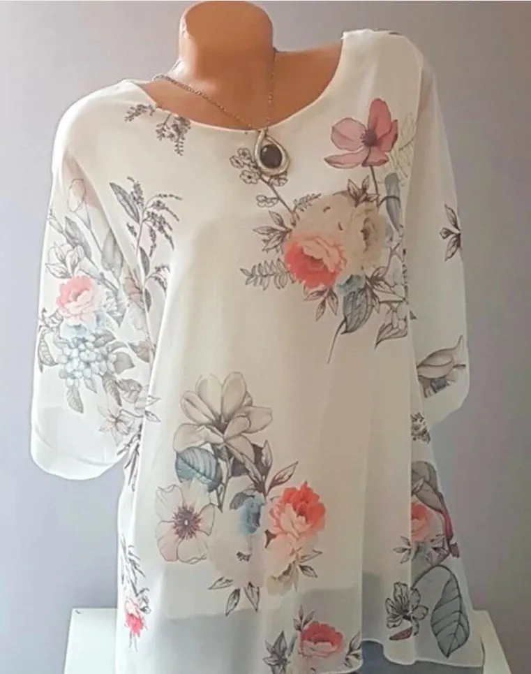 Tops estampados florales de manga corta con cuello redondo para mujer, talla grande