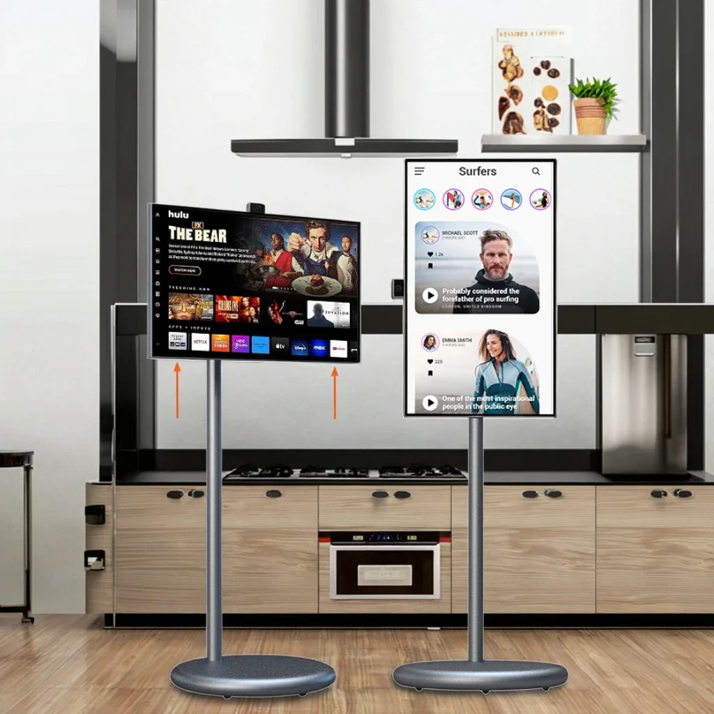 

2024 New Stand Tv For Indoor Kitchen Android 13 Televisor OFD 27 Inch Portable Tv With Battery White Smart Tv On Wheels