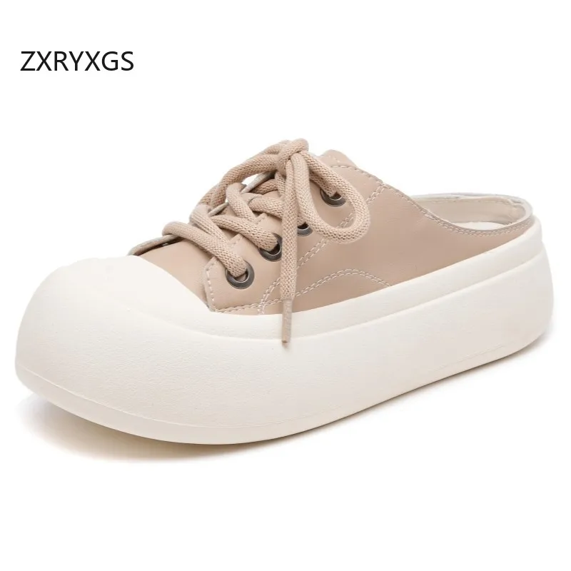 ZXRYXGS Lace-up Round Toe Women's Outside Slippers 2025 New Real Leather Summer Vulcanized Shoes Platform Elevator Slippers Tide
