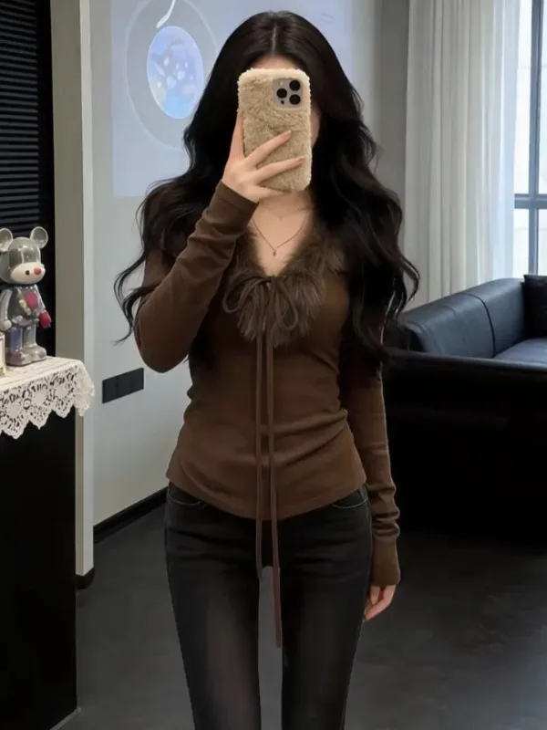 

plus Size V-Neck Belted Faux Fur Collar Splice Base Shirt Long Sleeve T-Shirt Women's 2026 New Slimming Top Korean Style