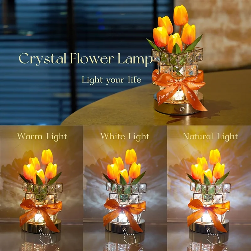 ABKO-Lámpara de flor de tulipán recargable inalámbrica, luz nocturna alimentada por batería regulable de 3 colores, lámpara de mesa pequeña controlada por tacto