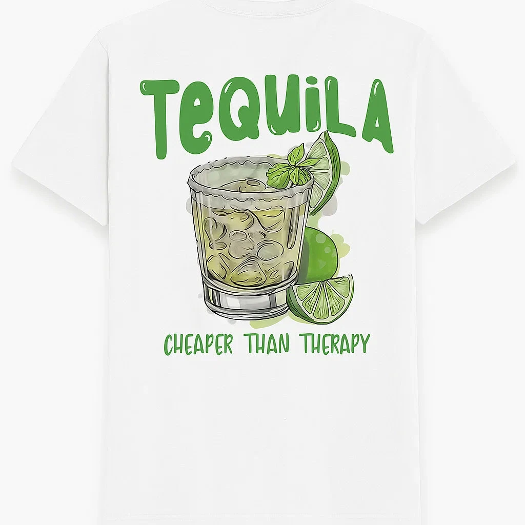 T-shirt humoristique « Tequila moins cher que la thérapie » pour hommes et femmes, imprimé cocktail, coupe oversize, streetwear décontracté, manches courtes