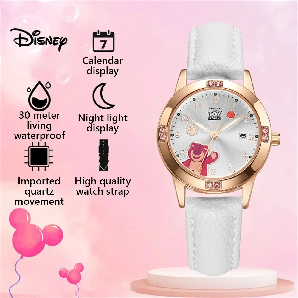 Disney Watches PU Leather Quartz Wristwatches Strawberry Bear Cute Clock for Ladies Cartoon Dial Montre Femme