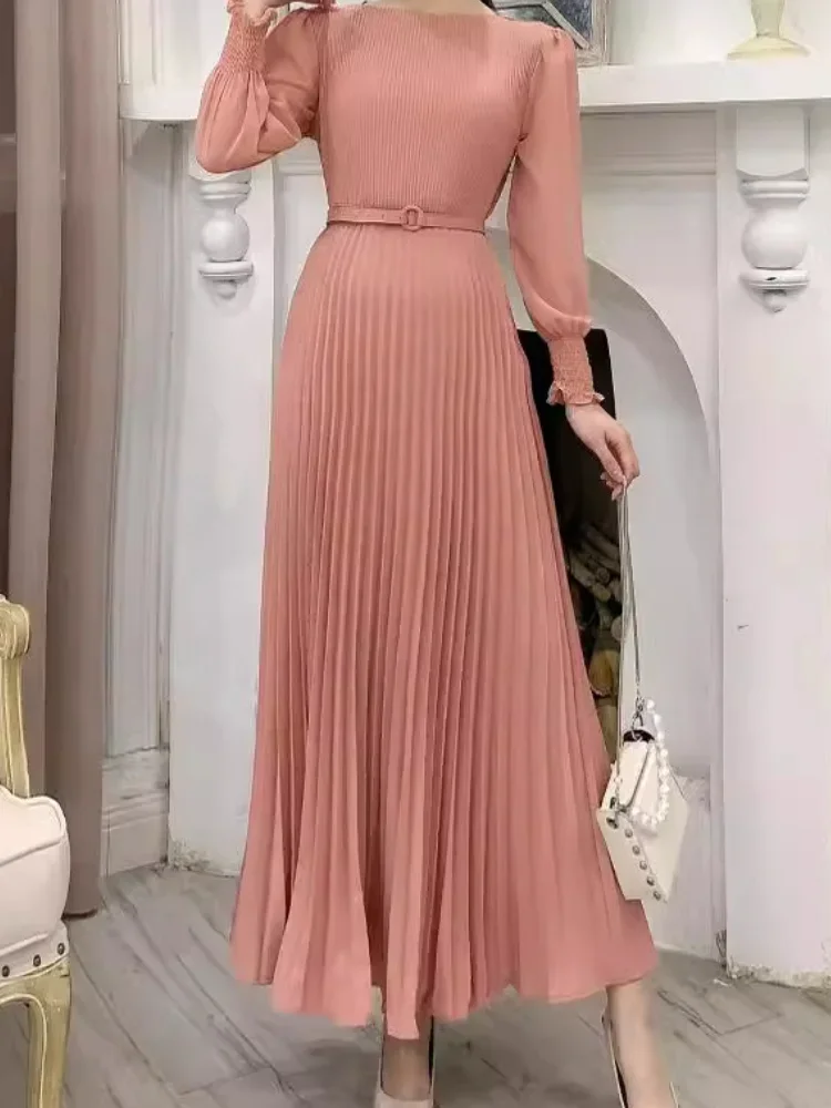 Pleated Dress Women Long Dresses A Line Round Neck Long Sleeve Party Maxi High Waist Belt Slim Sexy Elegant Splice Vestidos 2024