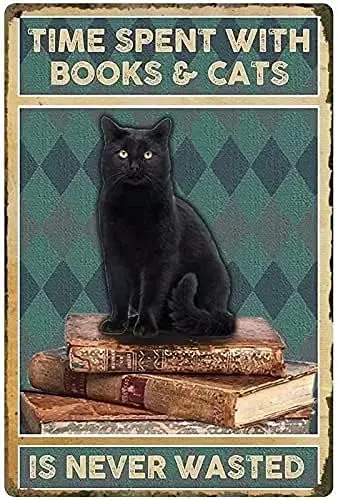 Knn Ct Retro Metl Tn Sgn,Books Cts s Never Wsted  Retro Poster,Bedroom Poster Cfe Home Retro lumnum Poster 8x12 nch, 12x8 nch