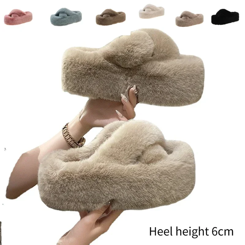 Woman Furry Ladies Faux Fur Luxury Fluffy Plush Slipper House Soft Fuzzy Girl Platform Indoor Flat Casual Sabot Round Toe Winter