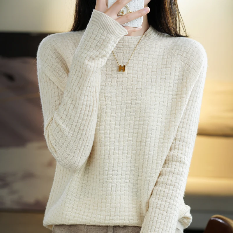 Fashion 100% merino wool top women's sweatshirt sweater semi-high neck long-sleeved pullover sweater in autumn and winter