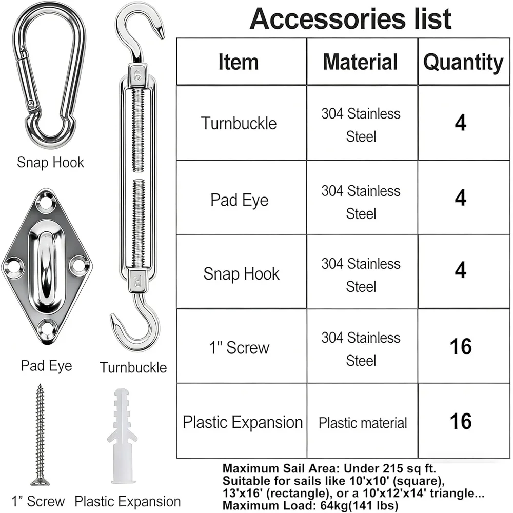 304 Stainless Steel Sun Shade Sail Hardware Kit Heavy Duty Turnbuckle Pad Eye Snap Hook Set for Rectangle Triangle Canopy Garden