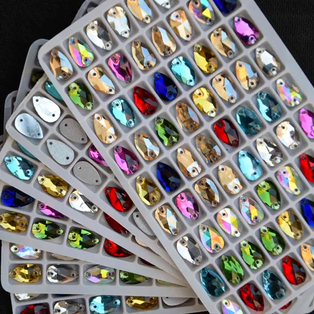 Mix Colors Glass Crystal Teardrop Sew On Stones Flatback 2 Holes Multi Colors Sewing Crystals 7*12mm,10.5*18mm,13*22mm,17*28mm