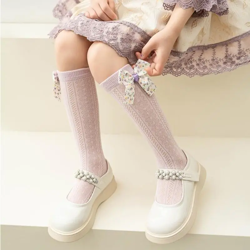 جوارب C63C ناعمة ومريحة للفتيات بطول الساق، جوارب مجوفة بعقدة على شكل فيونكة #5