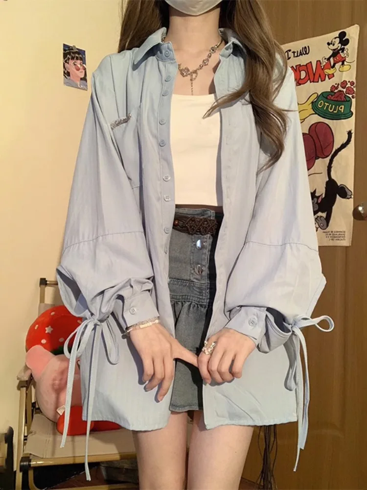 

Women Shirts BlueTurn-down Collar Long Sleeve Loose Vintage Blouses Female Elegant Office Ladies Chic Jacquard Tunic Shirt Top