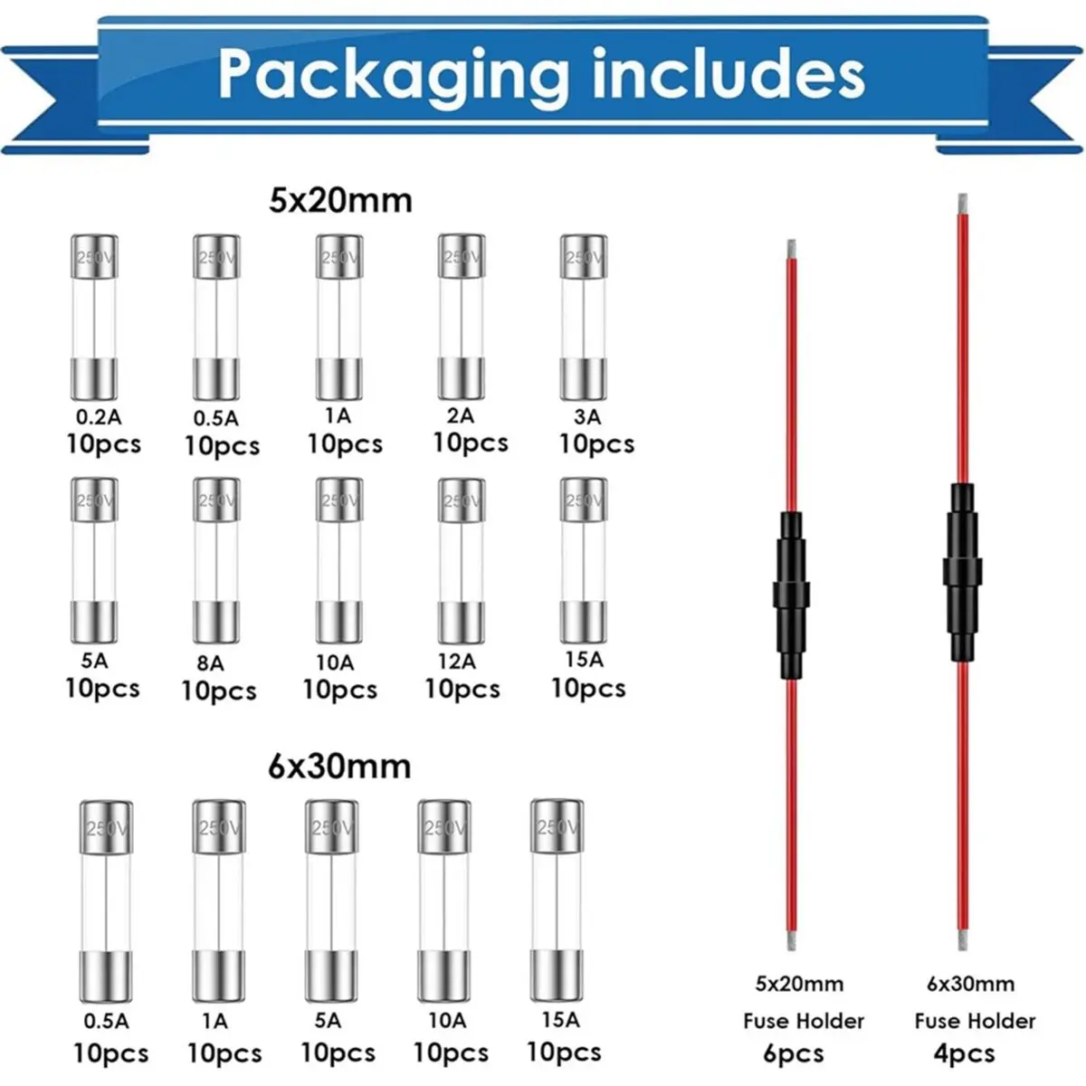 【MUST-HAVE LIST】 10Pcs 5x20mm / 6x30mm 18 AWG Fuse Holder Inline Screws Type + 15 Values 150Pcs Fast Blow Glass Fuses